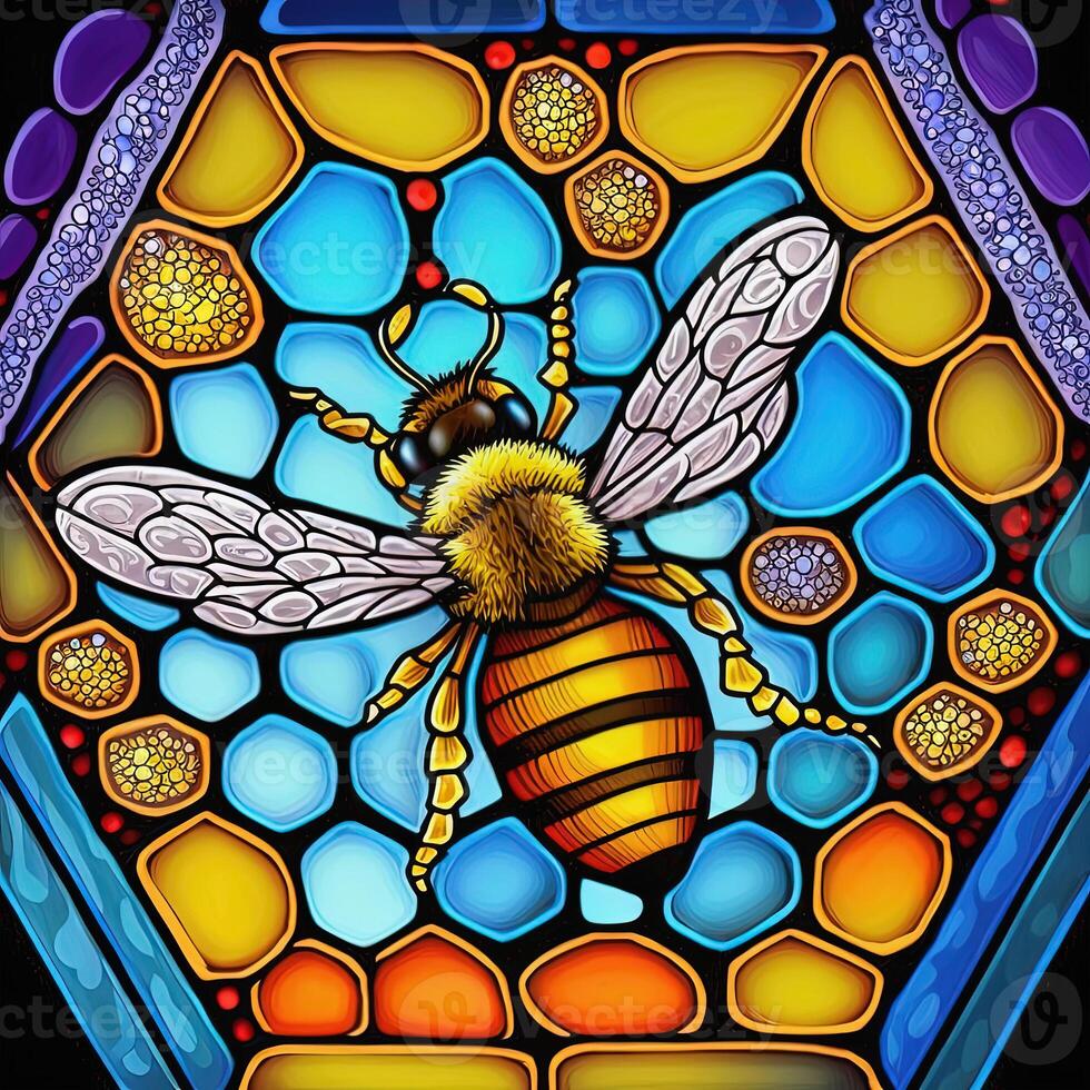 Stained glass window with bee. . Not based on any actual scene or pattern photo
