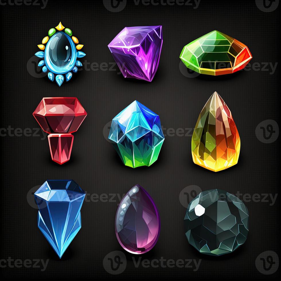 Set of fantasy jewelry gems, stone icon for game on black background. AI photo