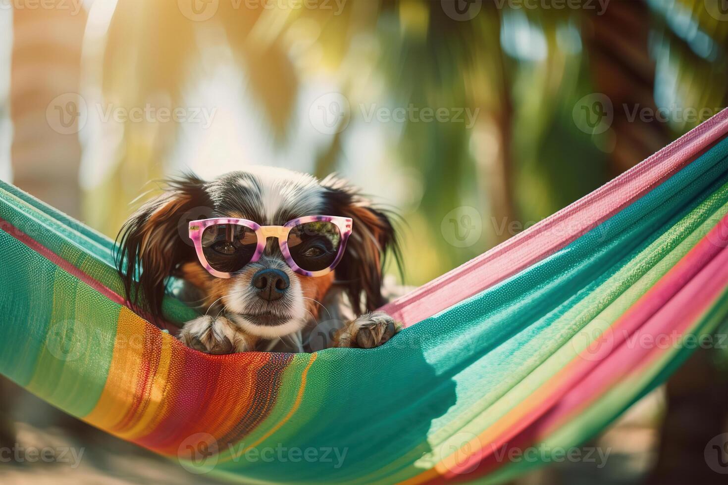 Dog in sunglasses in Hammock in Tropical Garden. photo