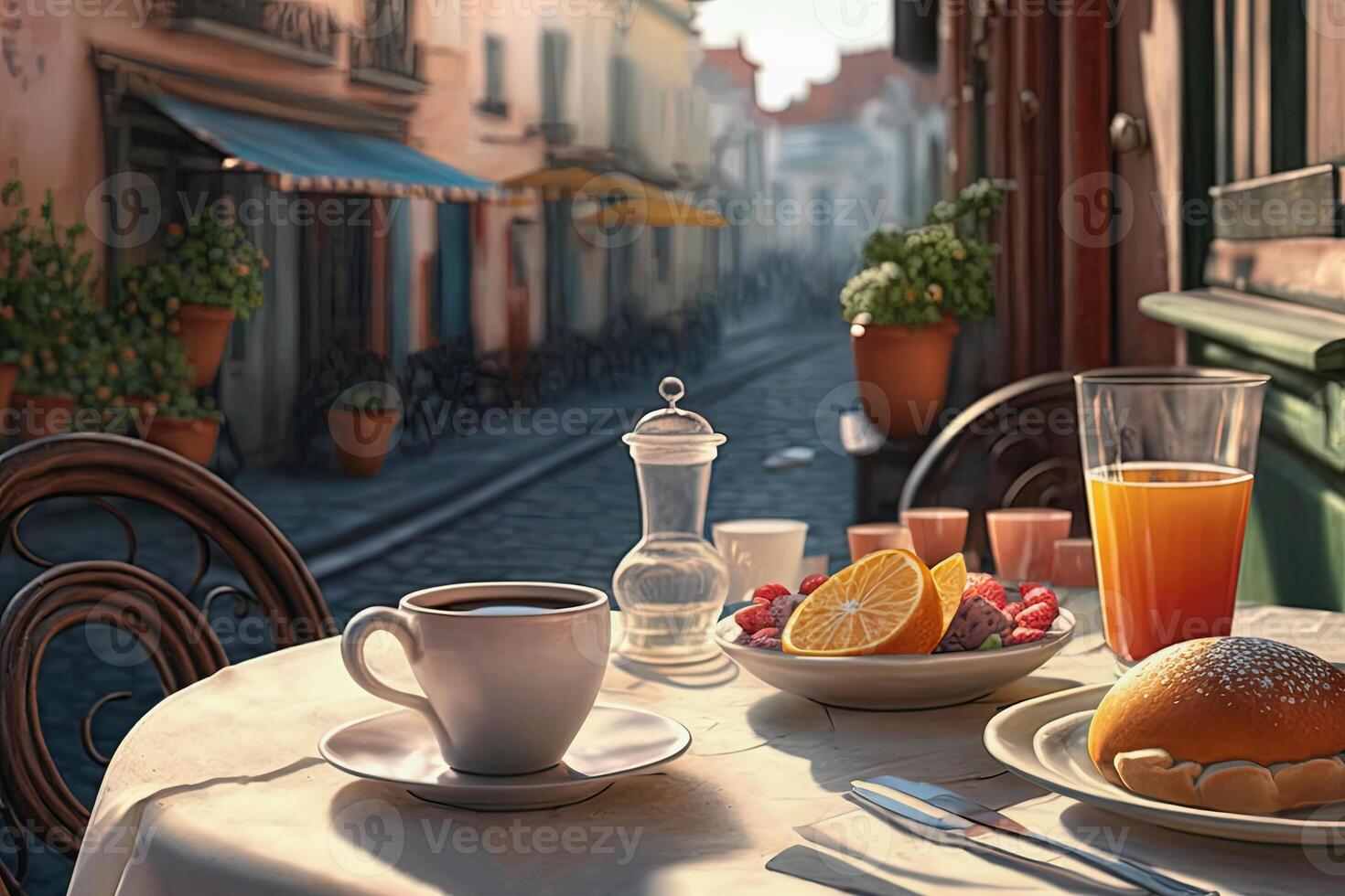 Mañana desayuno a europeo calle cafetería. generativo ai foto