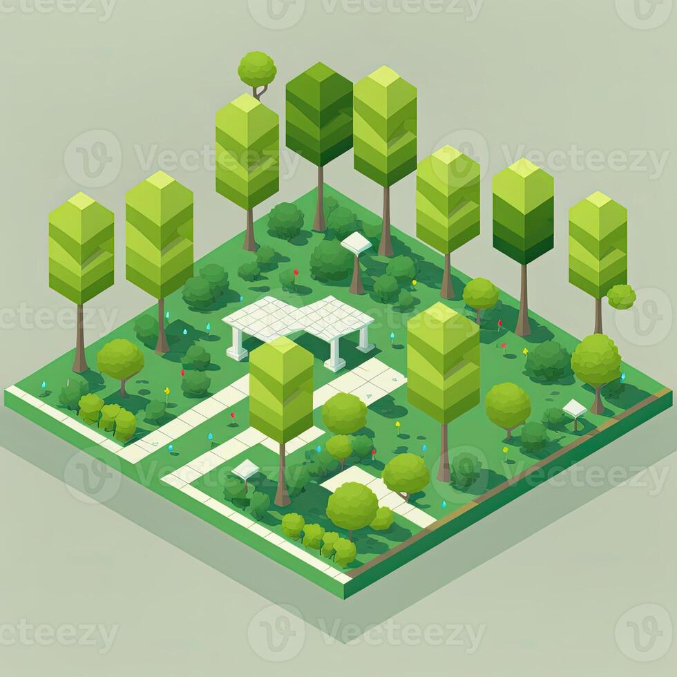 Isometric city park with green trees and pavilion photo