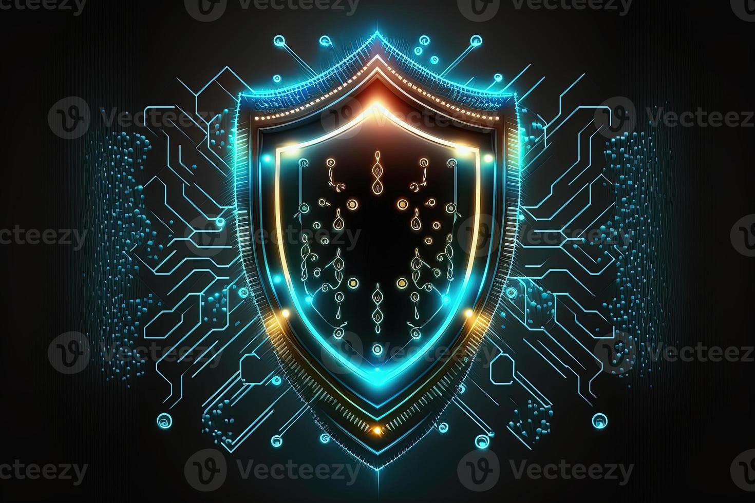 Neon data with security shield. Concept of protection, cyper safety. AI photo