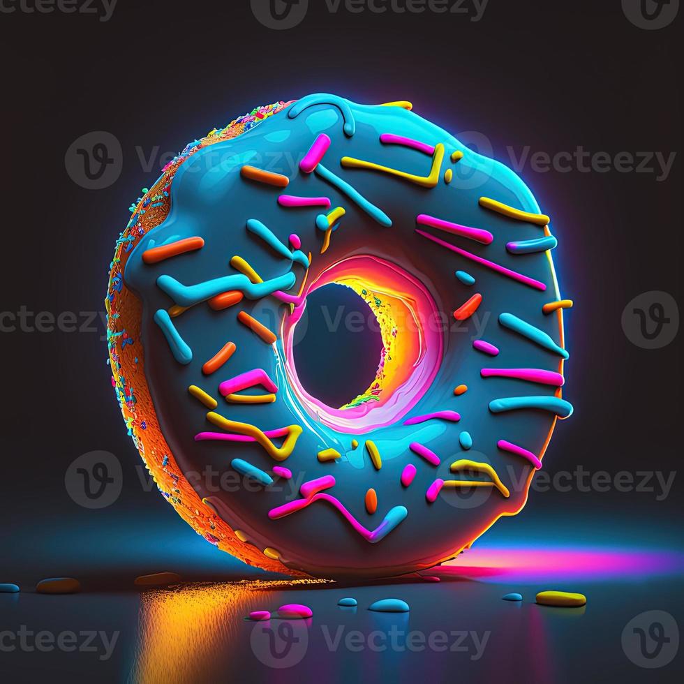 Neon donut on colorful background. Doughnut day concept. AI photo