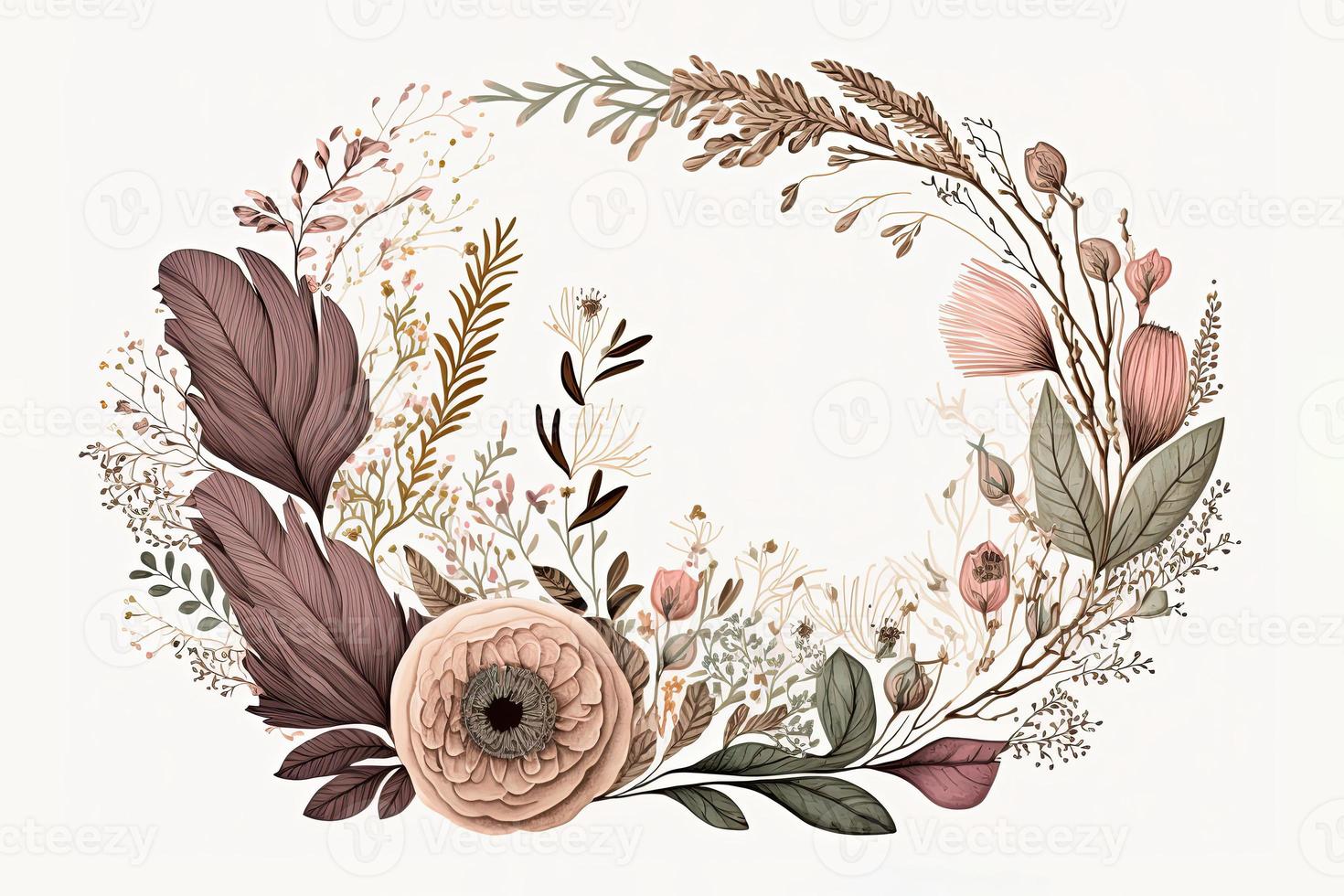 Wildflower wreath on white background, design for cards photo