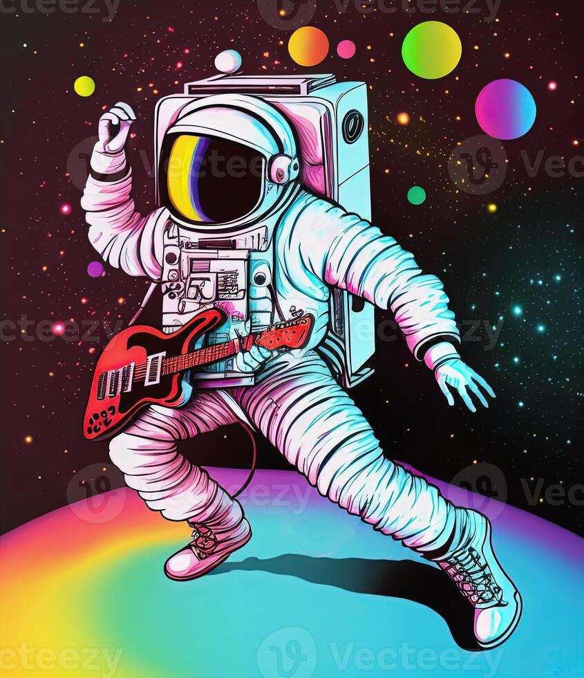 Astronaut playing guitar and dancing in spacesuit. . Not based on any actual scene photo