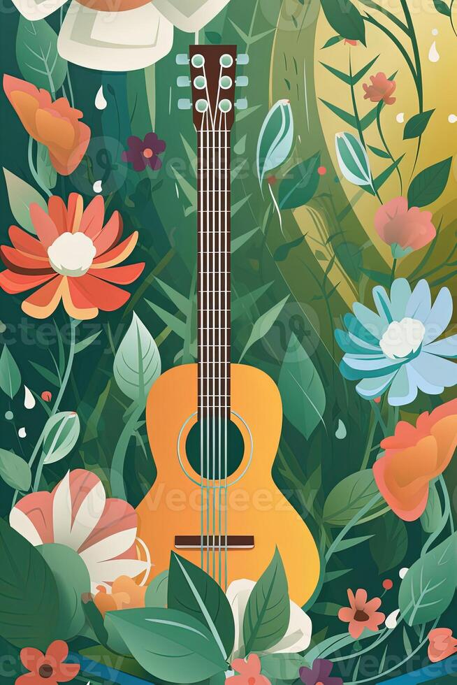 Country music festival poster with acoustic guitar and flowers. photo