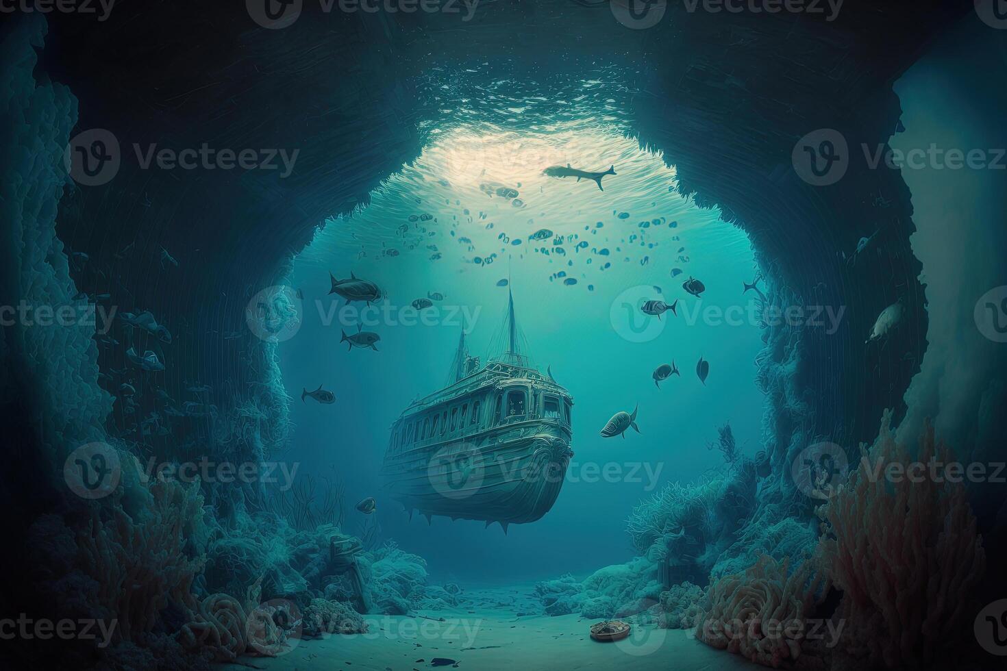 Fantasy underwater seascape with old shipwreck. photo