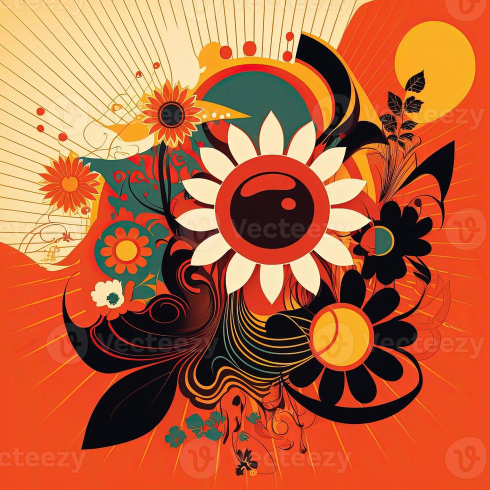 Retro 70s style groovy spring or summer poster with flowers and sun photo