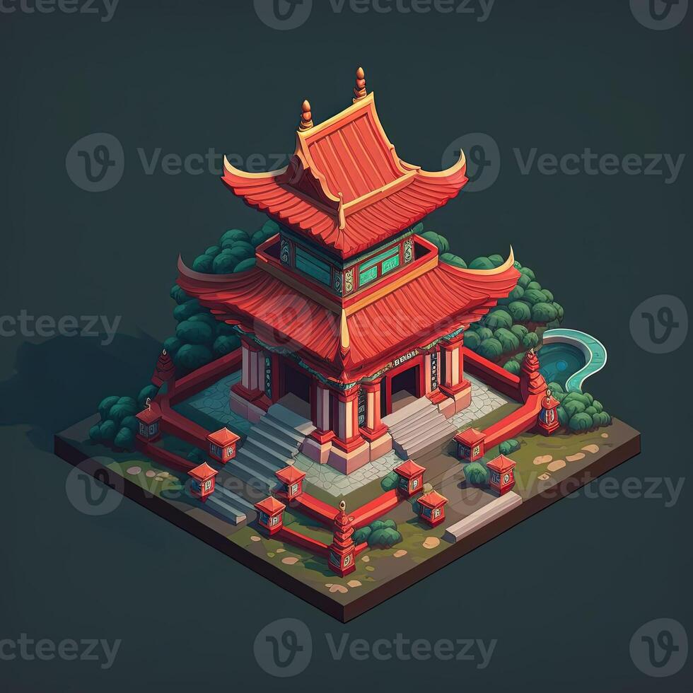 Cartoon East Asian pagoda. Game design isometry. photo