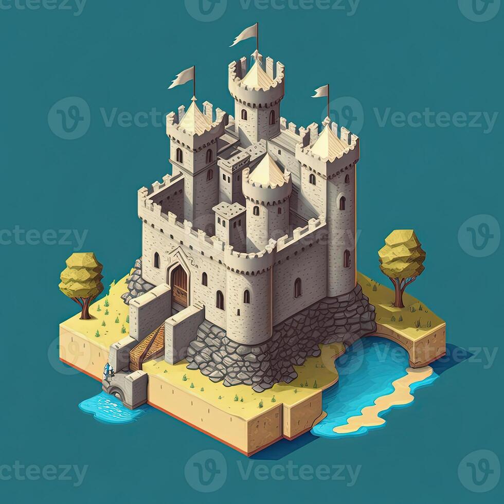 Cartoon isometric medieval castle with towers and gates, photo