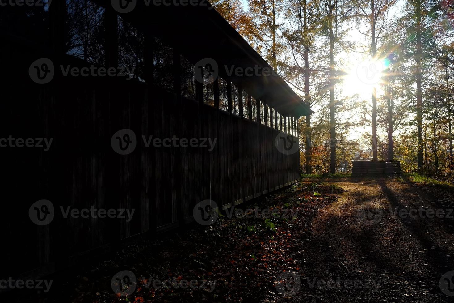 Wooden Barn in Autumn Sunrise Background. photo