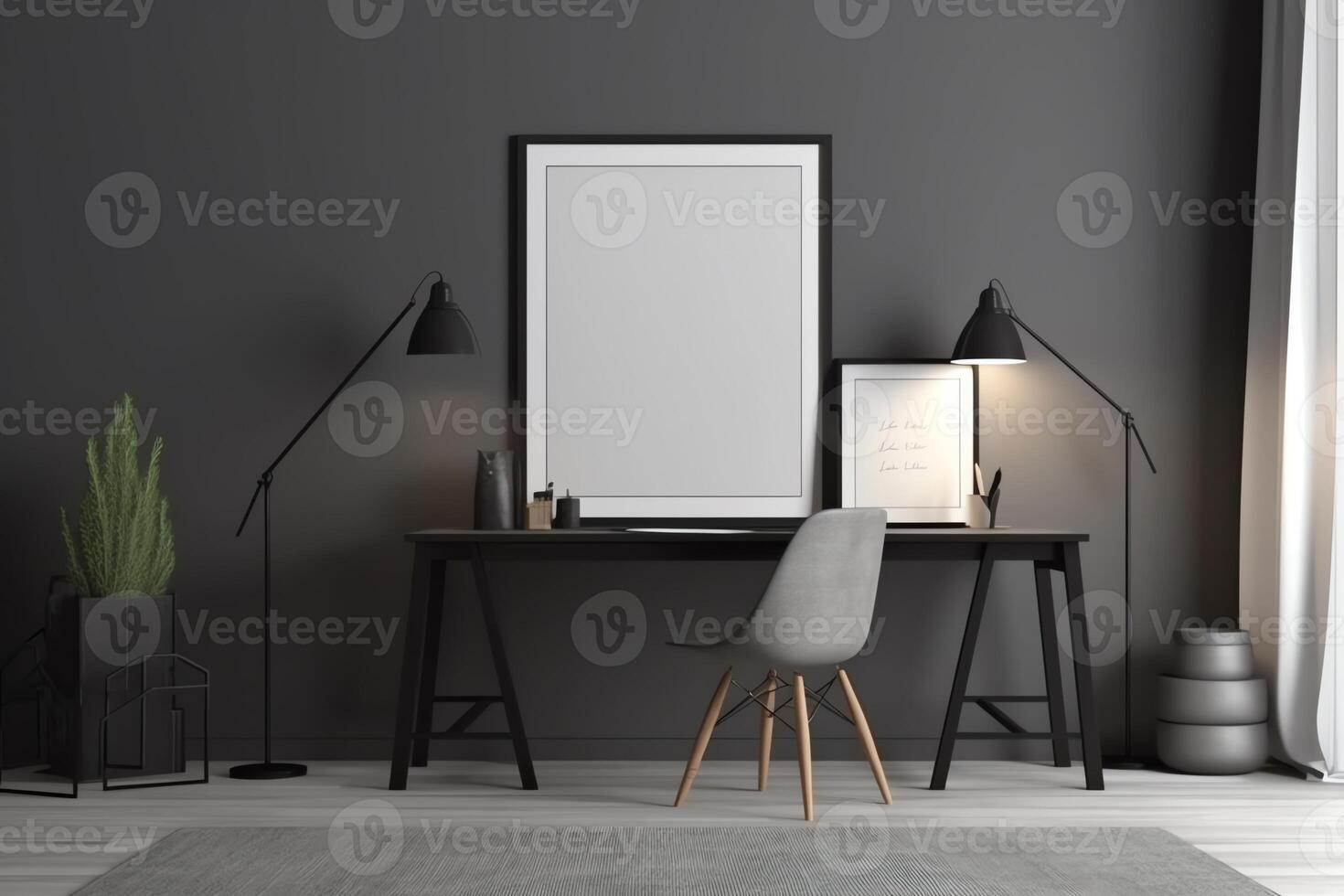 Grey business room interior with desk and mockup frame. photo