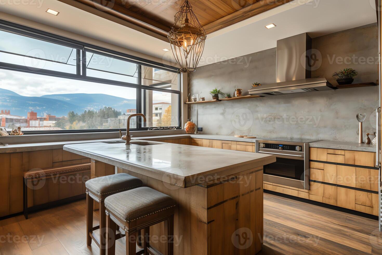 Cozy kitchen with bar island and panoramic window. photo