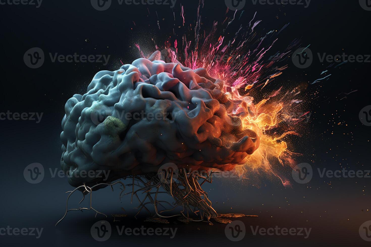 Concept art of exploding human brain with knowledge and creativity. photo