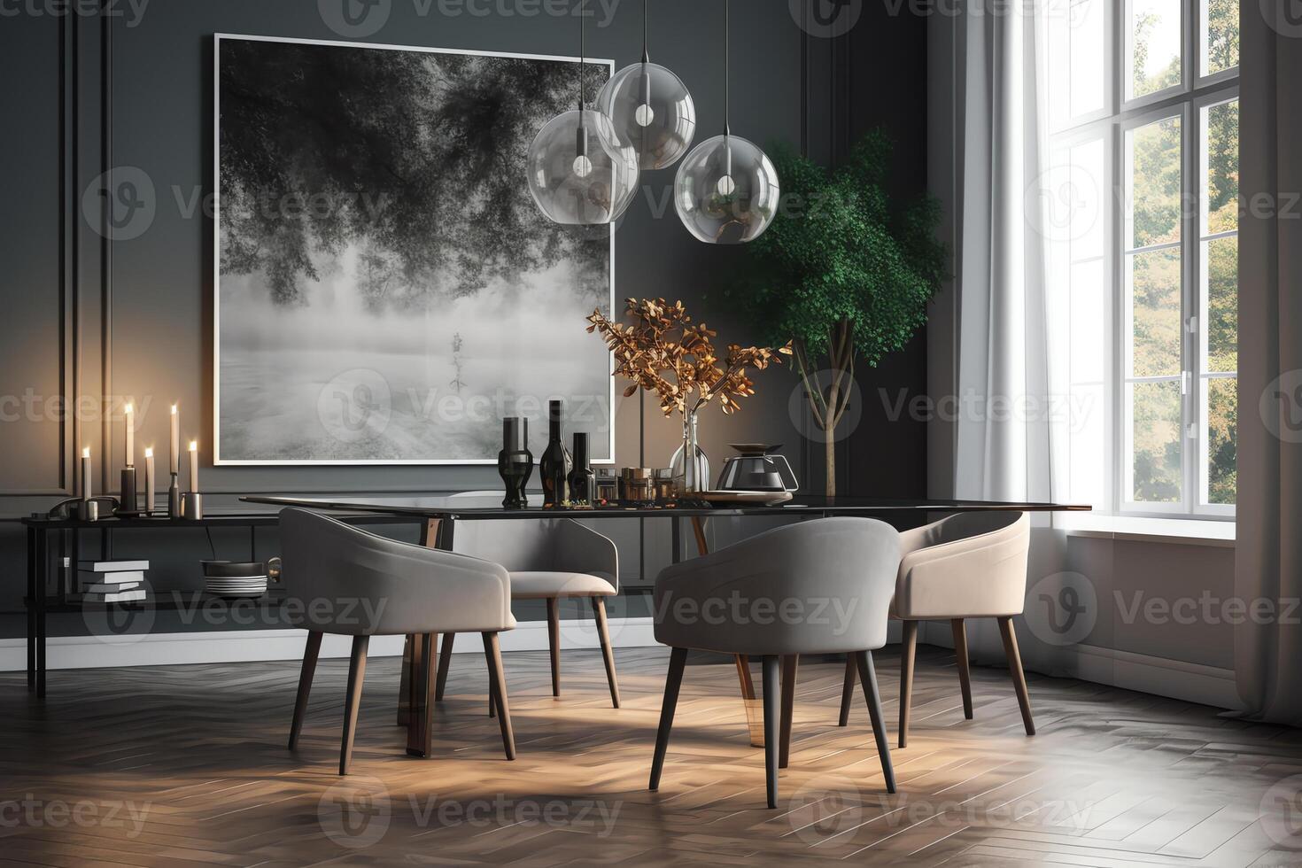 Gray glass dining room with poster. photo