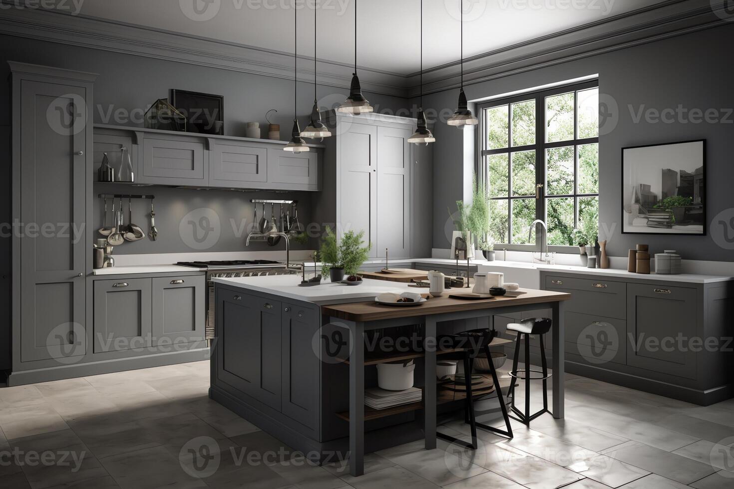 Grey kitchen with bar island and cooking area, frame. photo