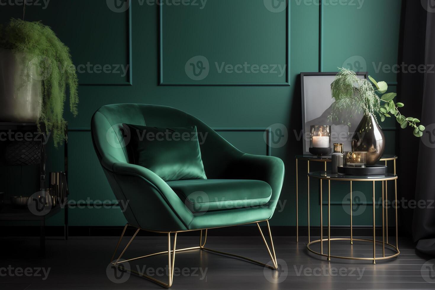 Green armchair in living room with dark green wall. photo
