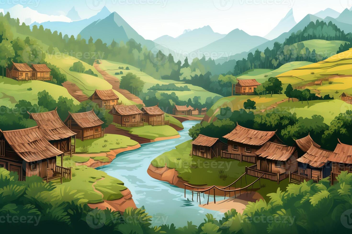 Natural village scene with greenery, rivers, and rural Indian houses. photo