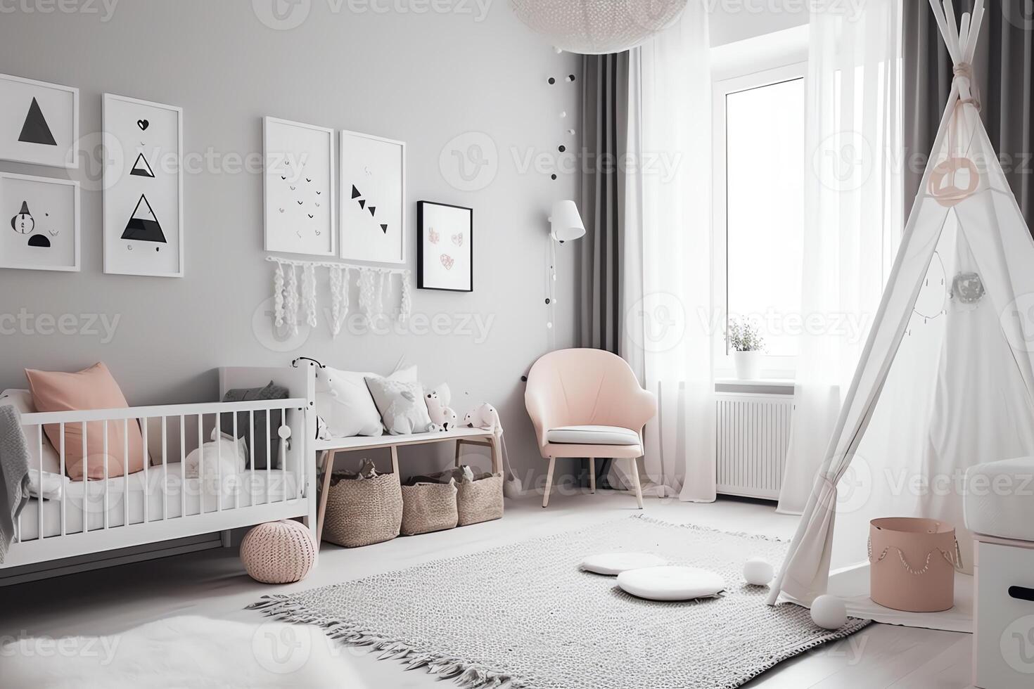 Modern scandinavian nursery room in light colours. photo