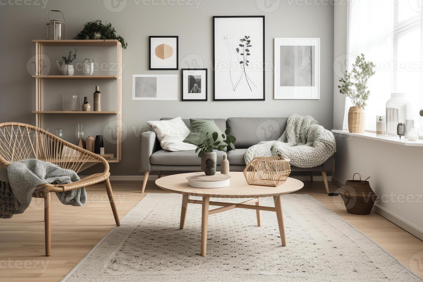 Scandinavian living room with flowers and accessories. photo