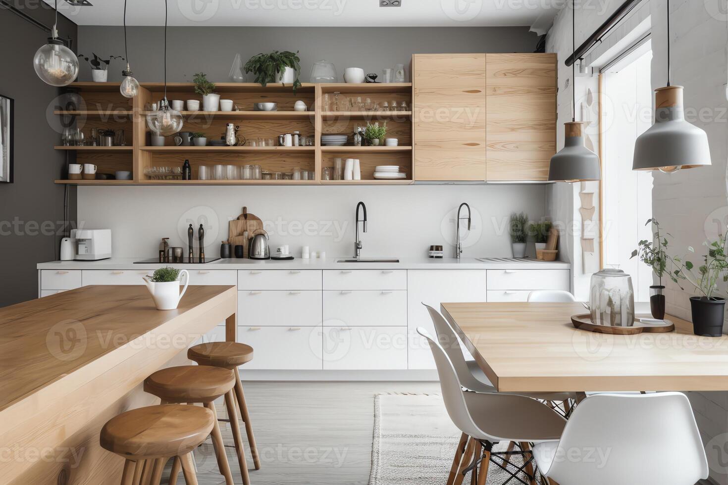 Scandinavian kitchen with wood and white design. photo