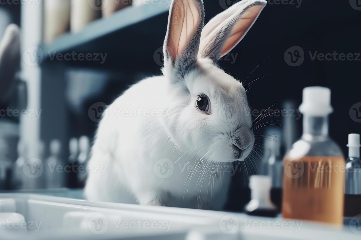 Rabbit in scientific lab experiment with chemical testing. photo