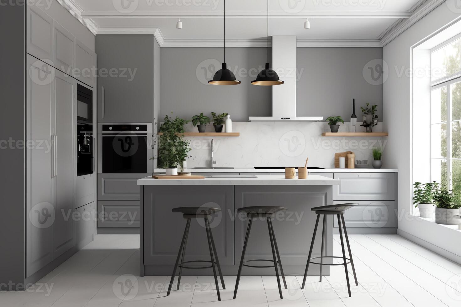 Grey kitchen interior with bar island and mockup frame. photo