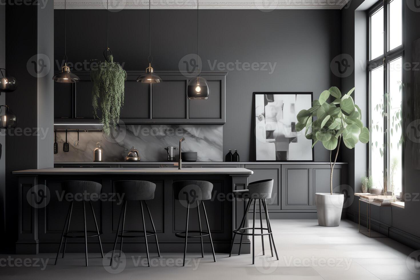 Gray kitchen with bar and poster. photo