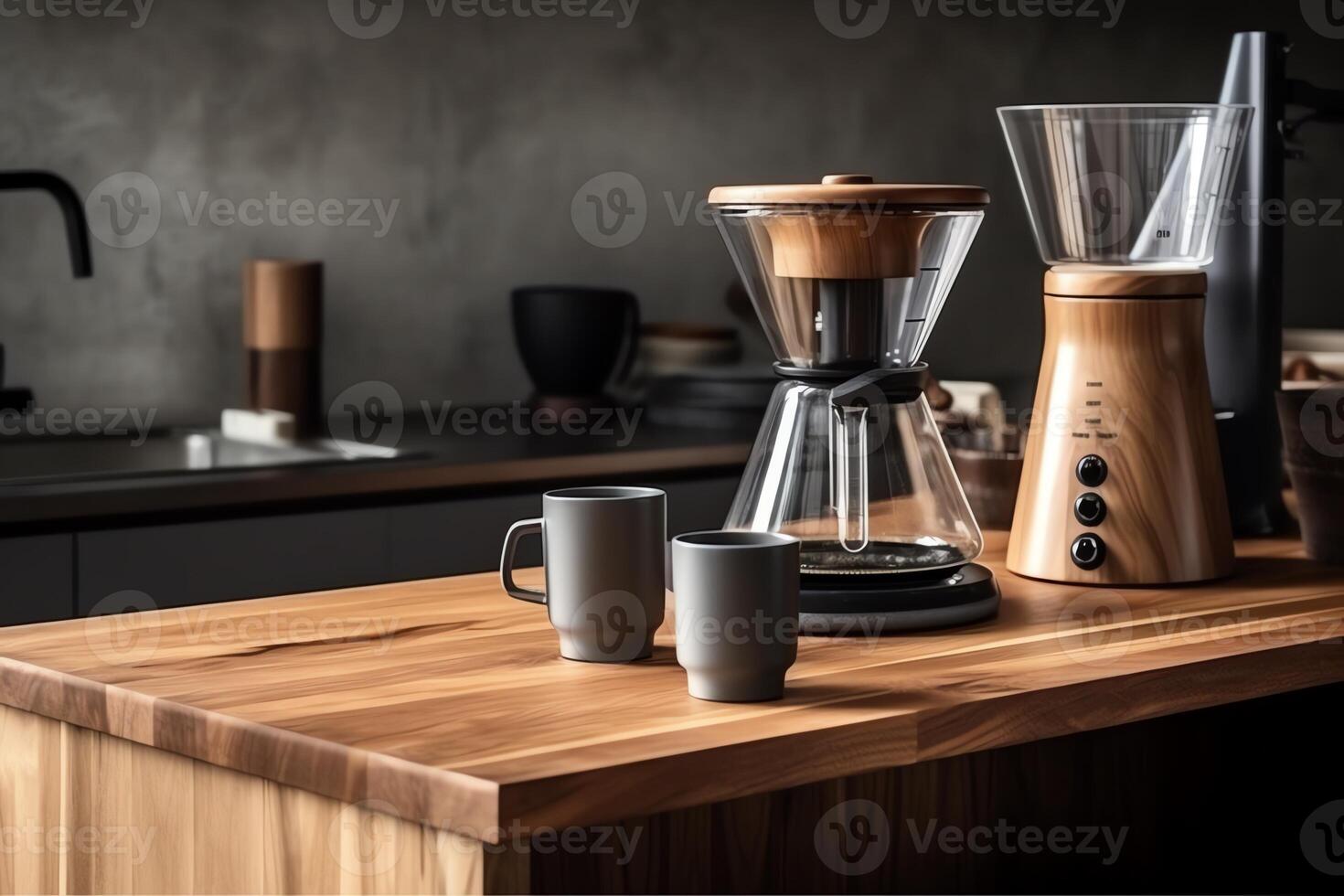Modern coffee maker on wooden countertop. photo