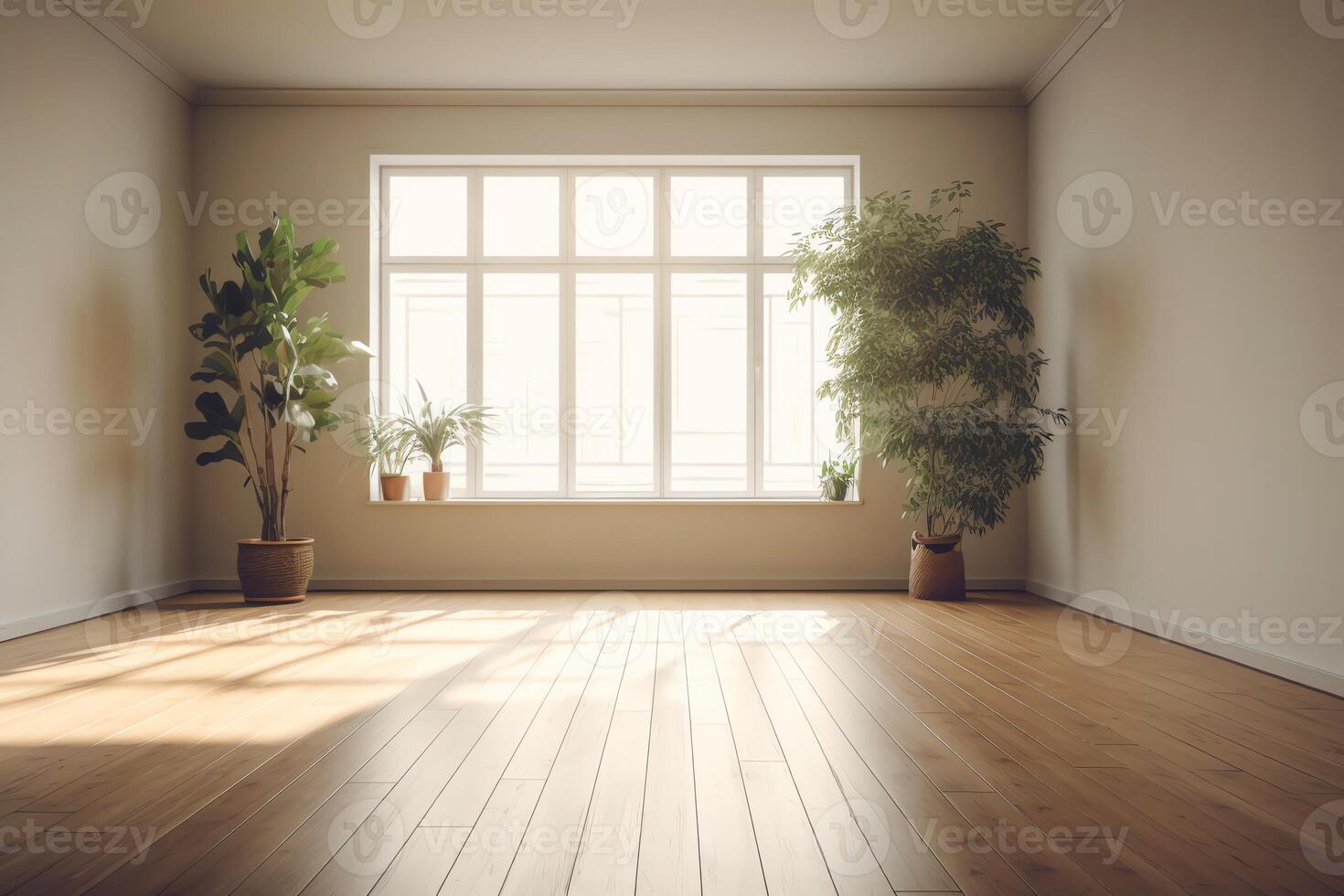 vacío habitación con planta y de madera piso. ai generado foto