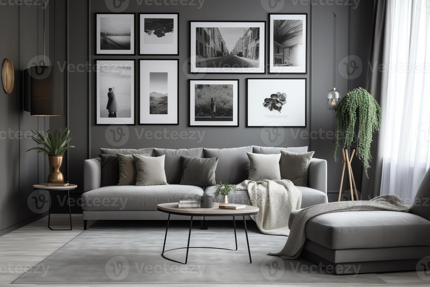 Gray living room with couch and posters. photo