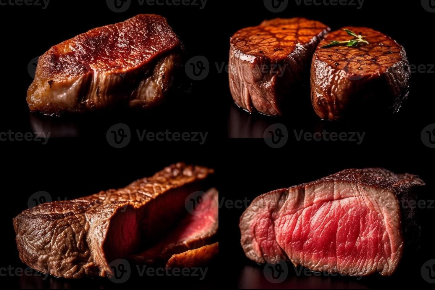Juicy medium Beef Rib Eye steak slices in pan on wooden board with fork, knife herbs. . photo