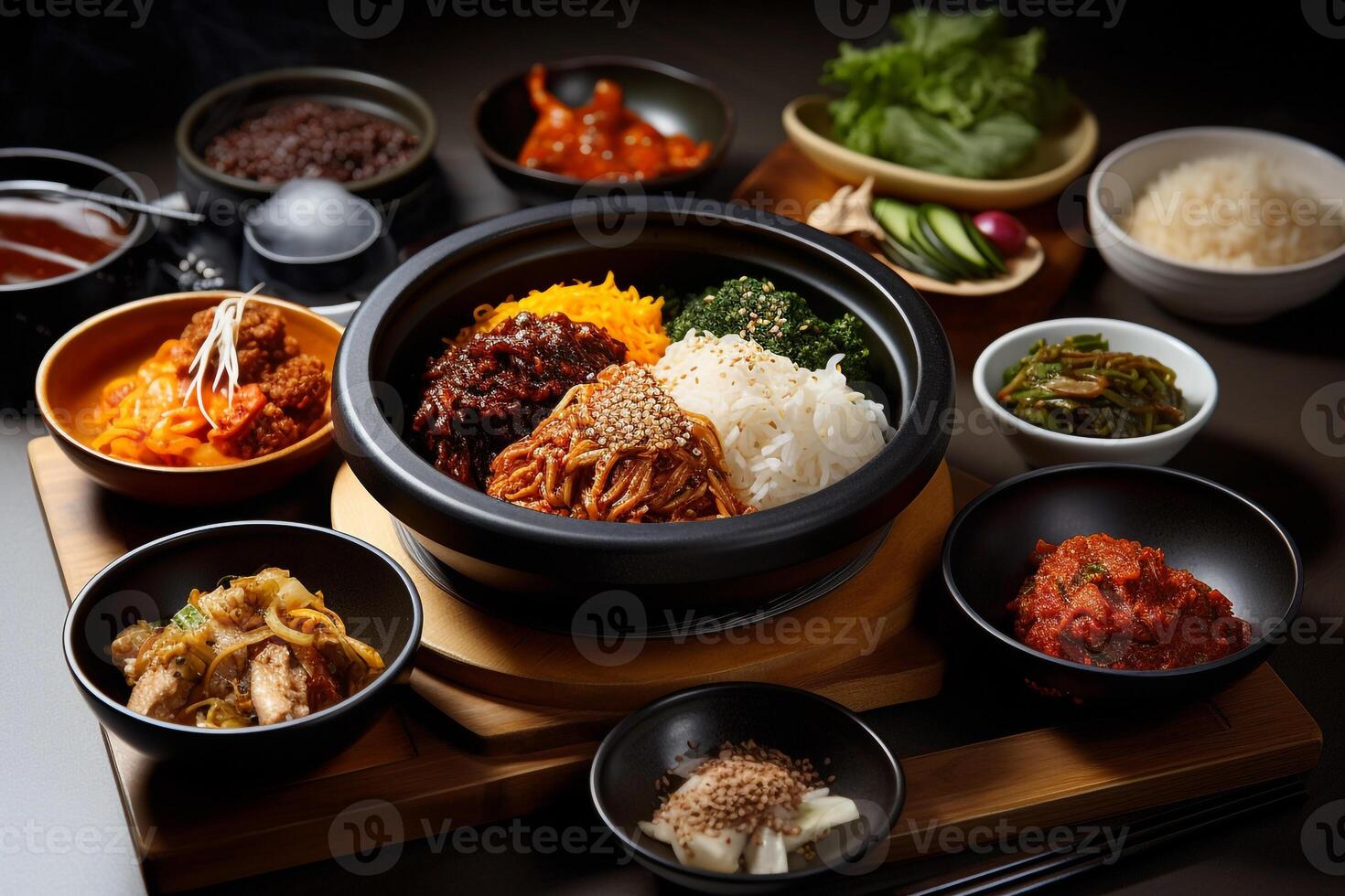 A table full of Korean food. . photo