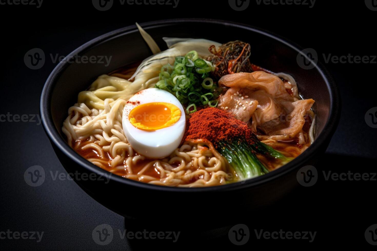 Top view ramen. Traditional Korean ramen soup with kimchi. Korean cuisine. Asian food. Traditional korean cuisine set. photo