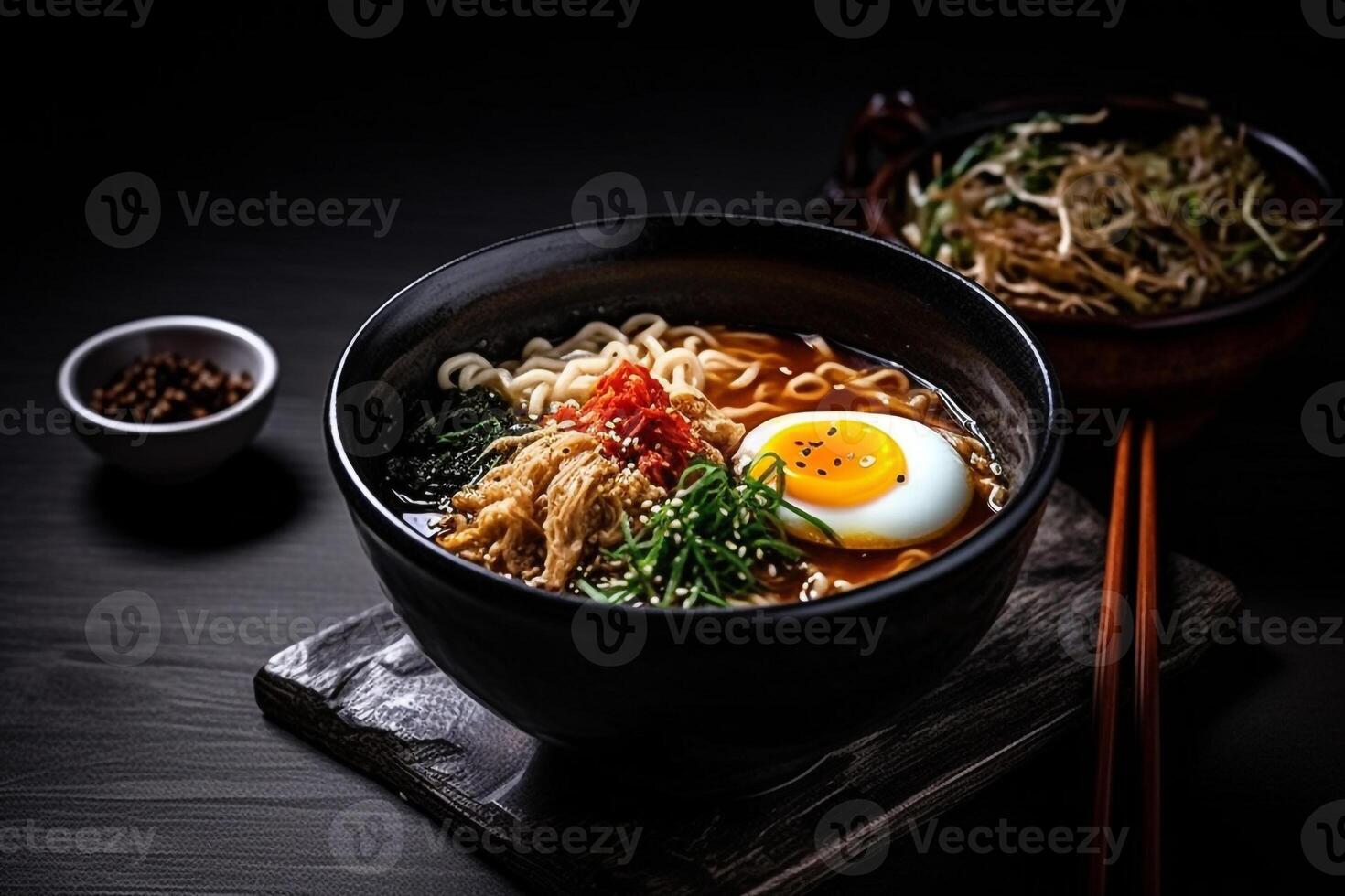 Top view ramen. Traditional Korean ramen soup with kimchi. Korean cuisine. Asian food. Traditional korean cuisine set. photo