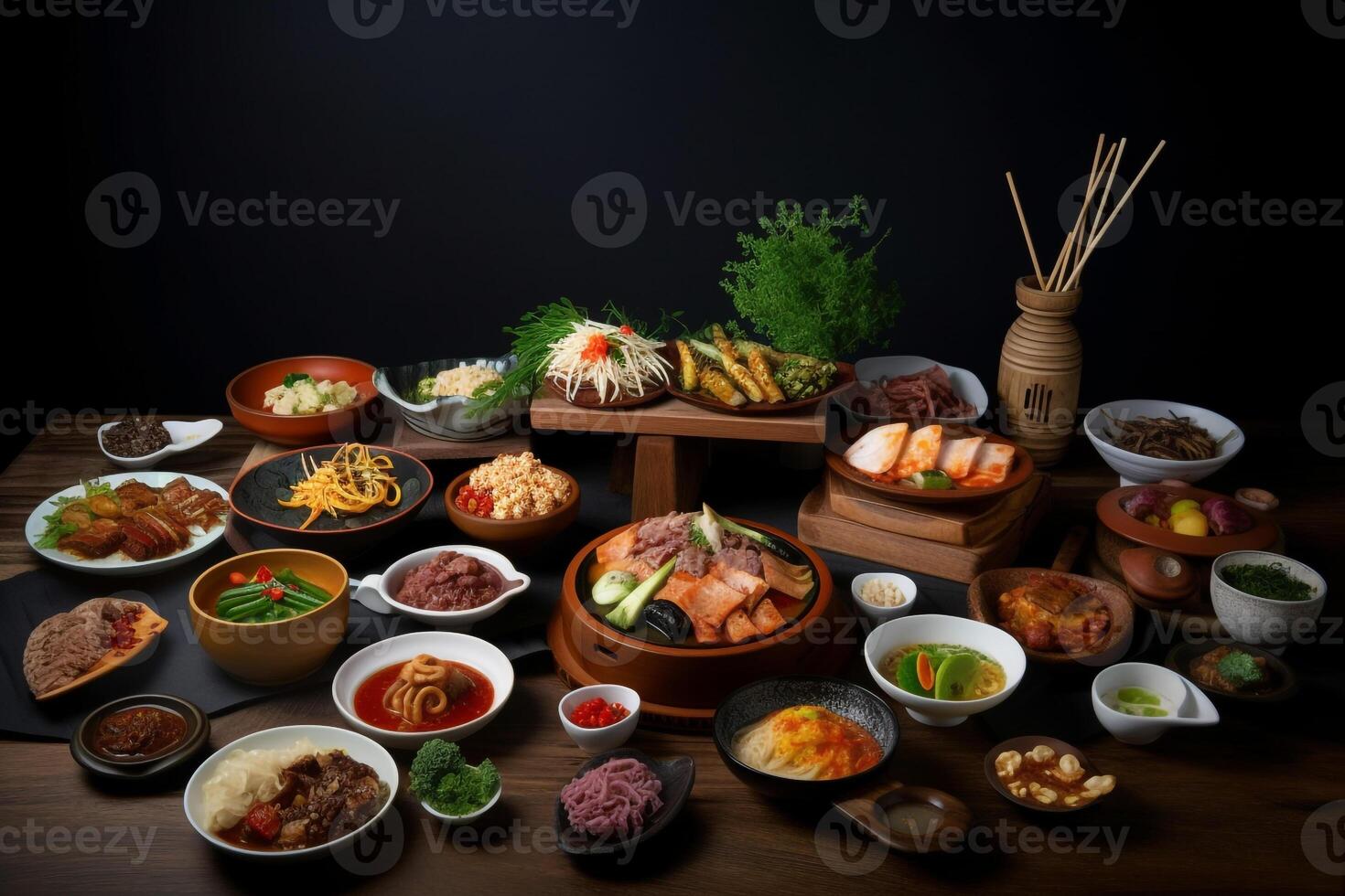 A table full of Korean food. . photo