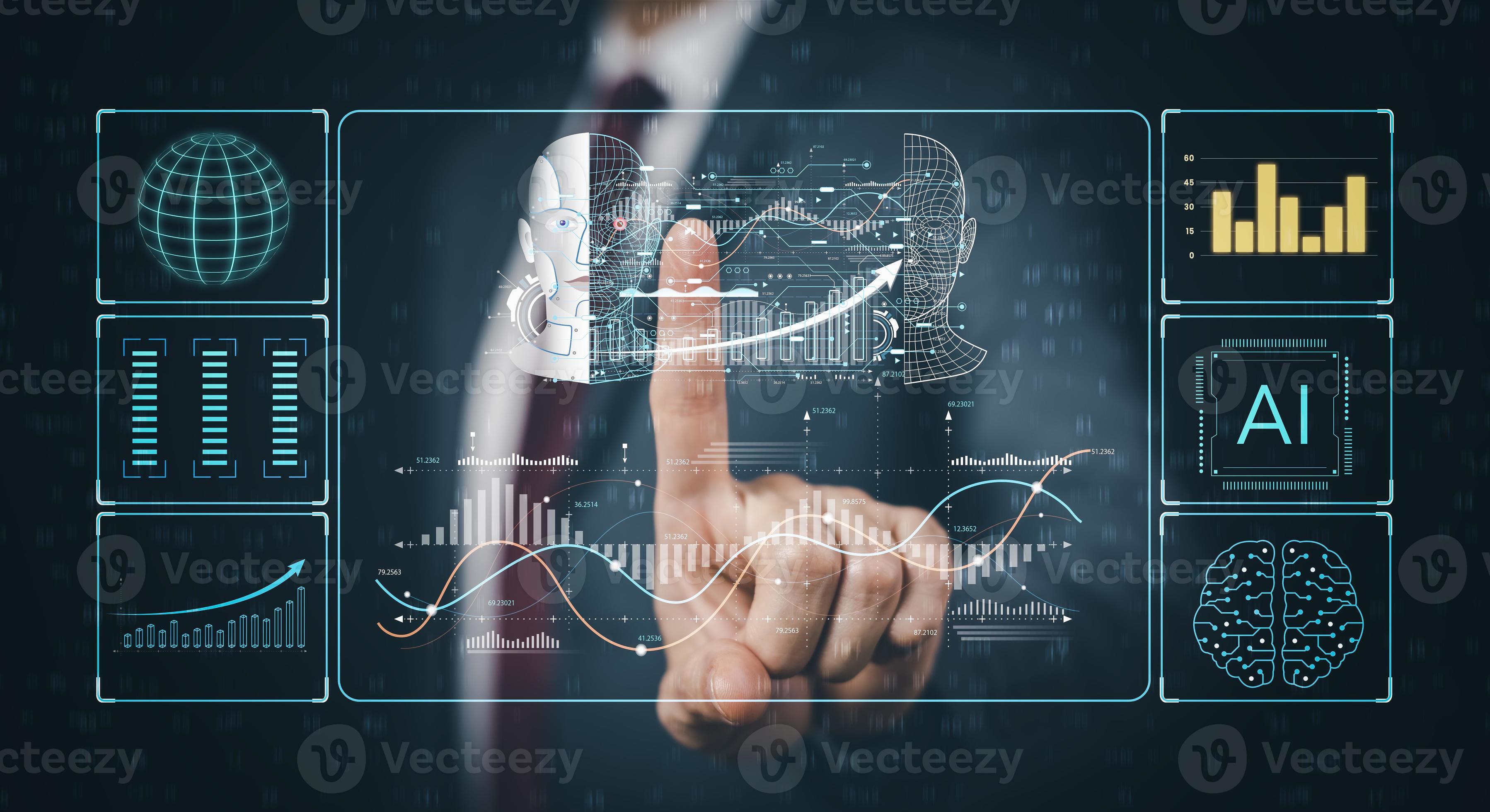 Programmer people working and touch virtual screen AI, artificial