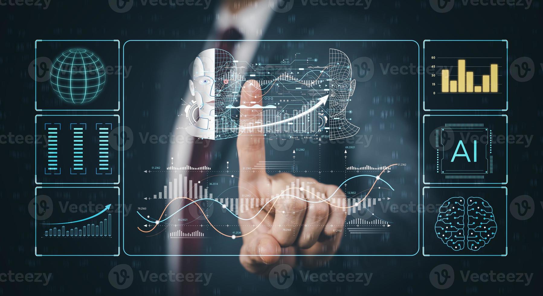 programador personas trabajando y toque virtual pantalla ai, artificial inteligencia software ingeniero codificación en ordenador portátil ordenadores con tecnología íconos y binario código, grande datos, codificación ai larva del moscardón digital foto