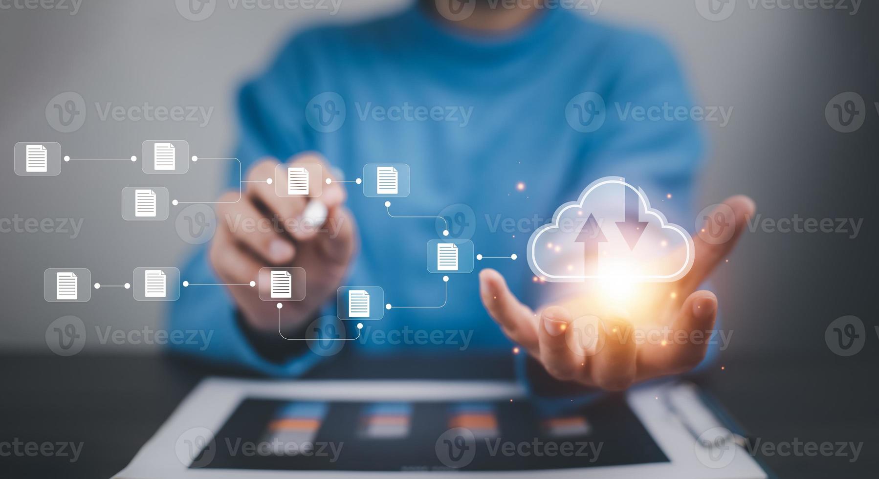 Business people using laptop with cloud computing system , Storage and data transfer Cloud network, Cloud technology. Networking and internet service, sharing download and upload and internet service photo