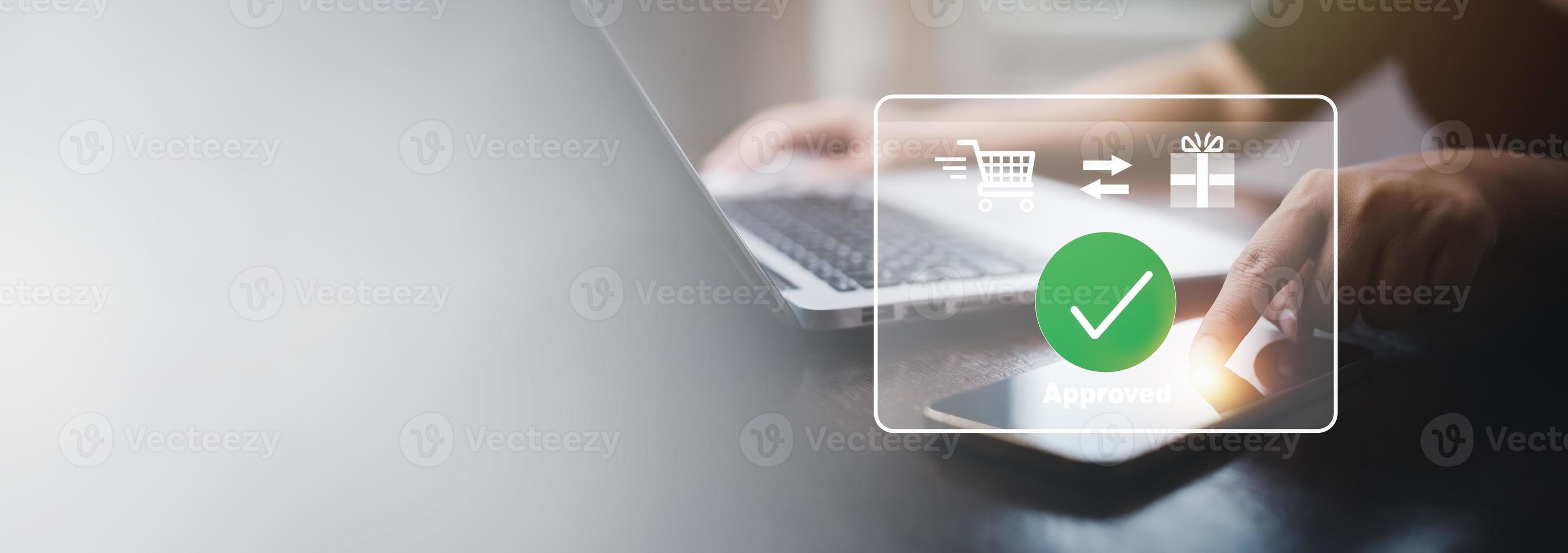 Online payment with digital marketing, Smartphone with banking online bill payment Approved concept button, credit card and network connection icon on business technology virtual screen background photo