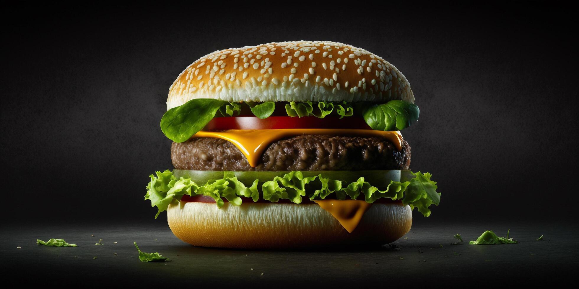 The delicious burger in the black background with . photo