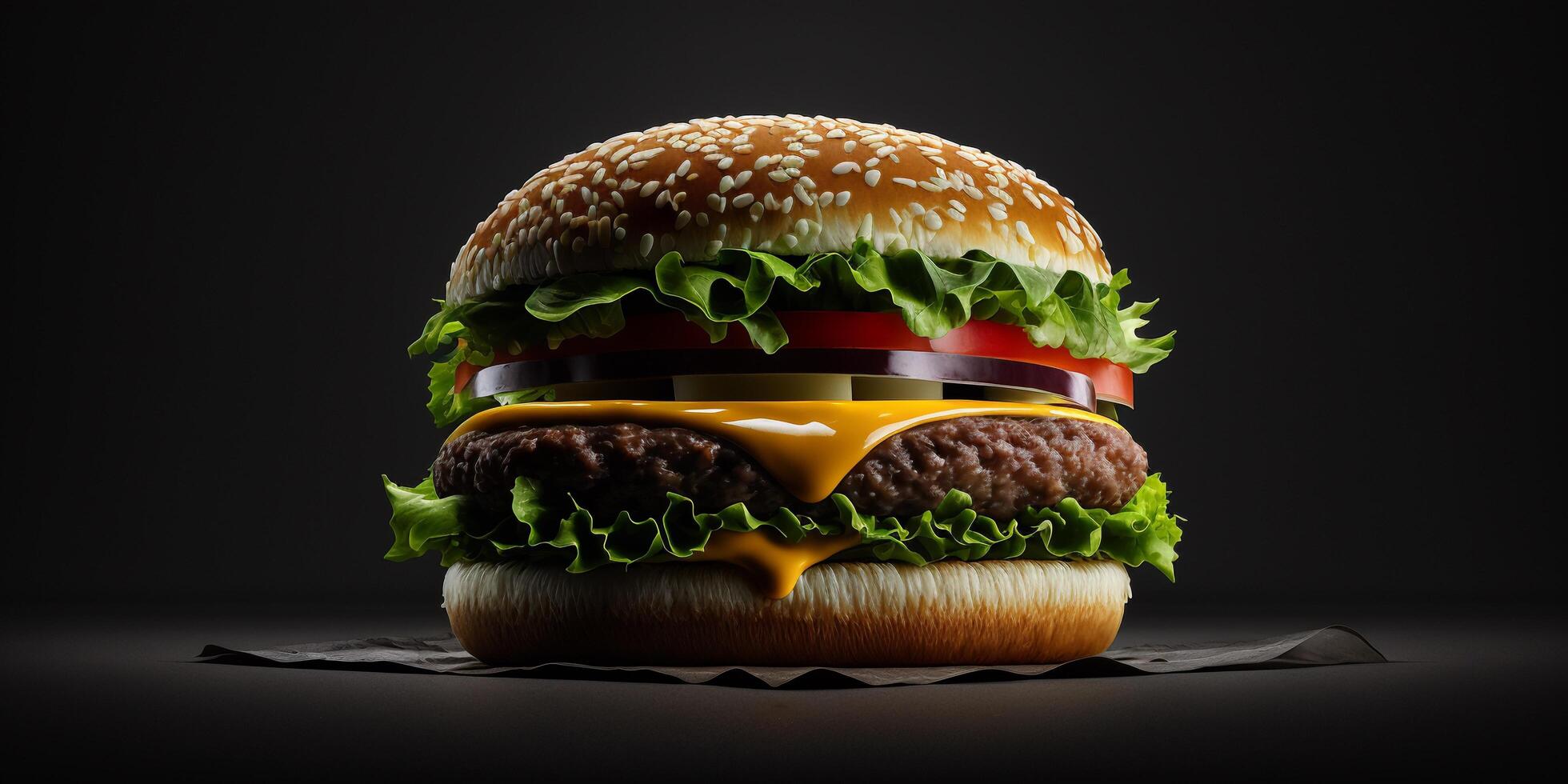 The delicious burger in the black background with . photo