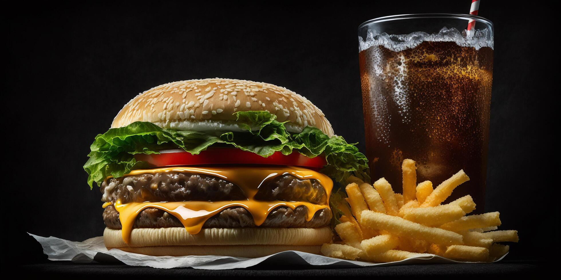 The fast food meal in the black background with . photo