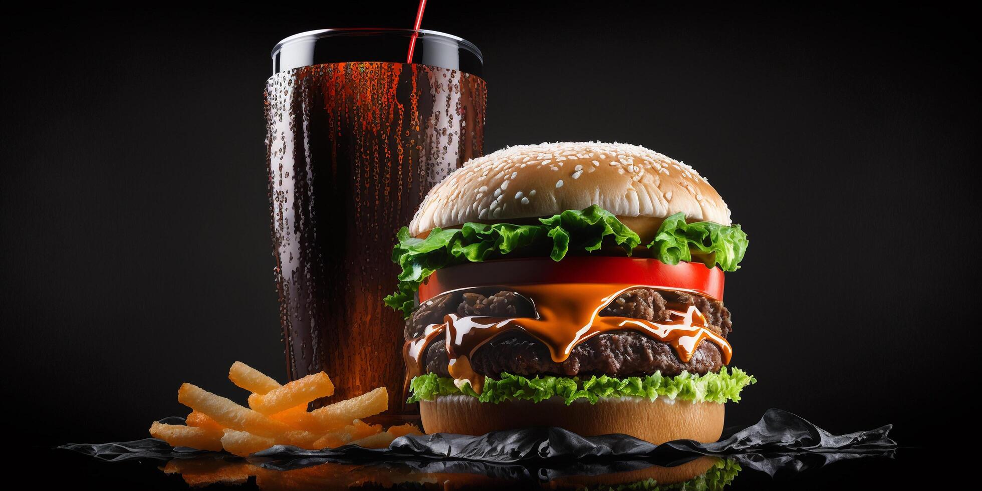 The fast food meal in the black background with . photo