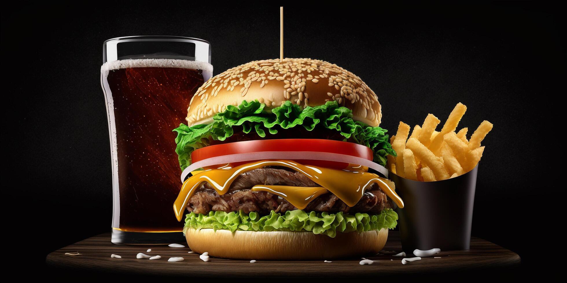 The fast food meal in the black background with . photo