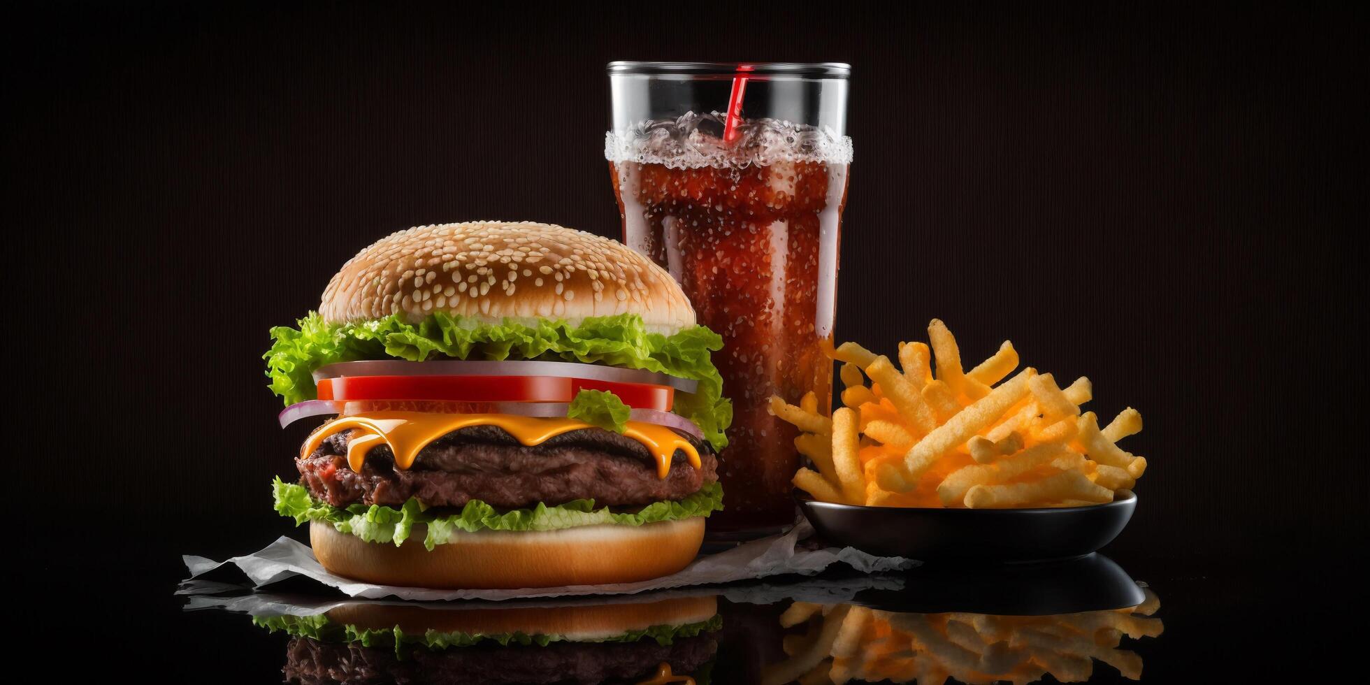 The fast food meal in the black background with . photo