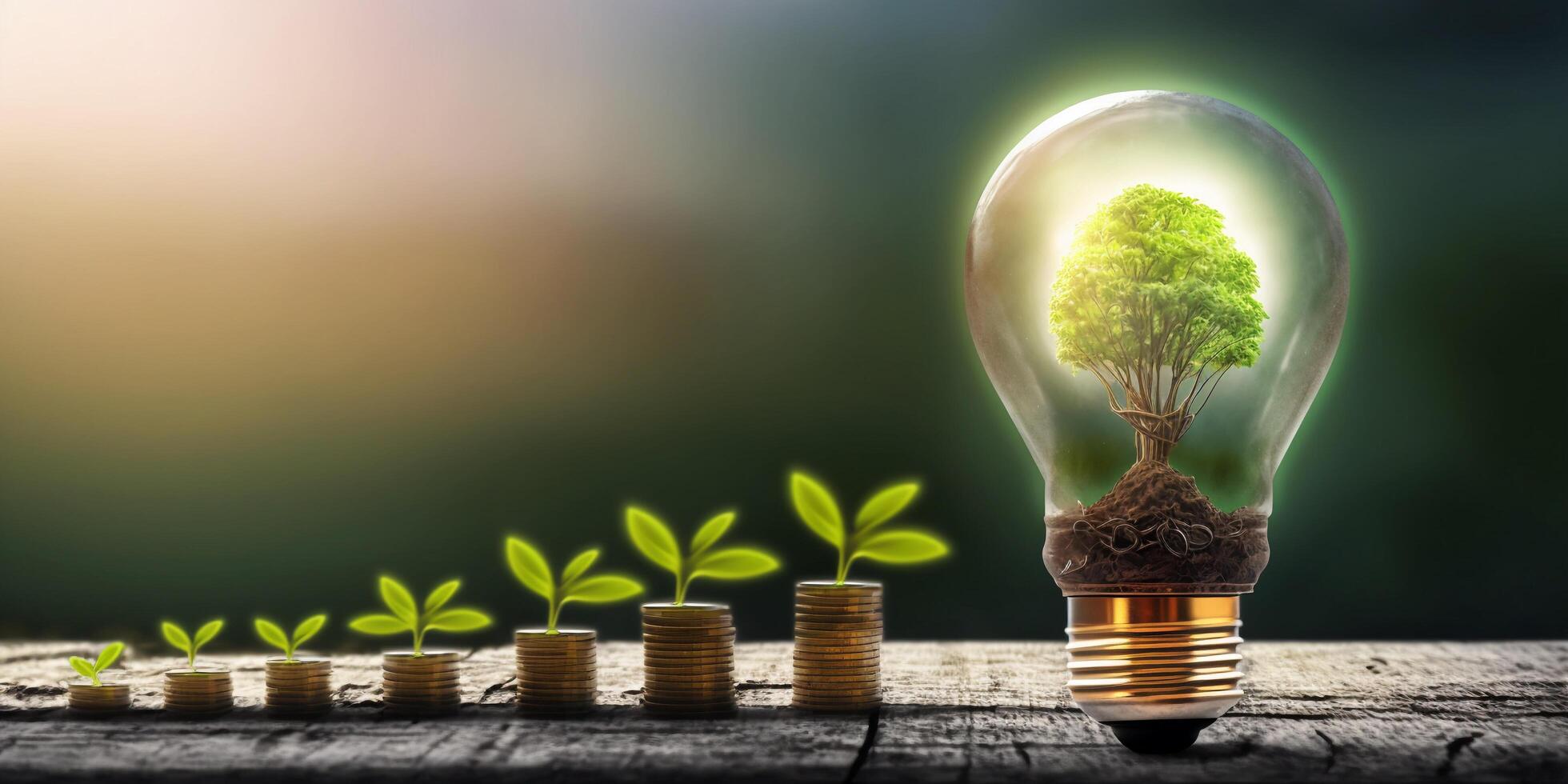 The tree in the lightbulb, coins with plants and . photo