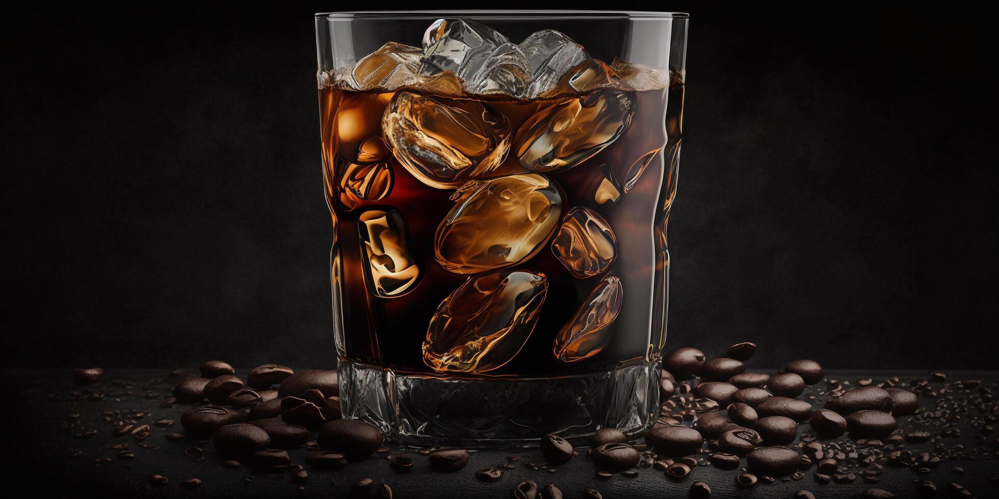 The glass of Ice Americano coffee in the black background with . photo