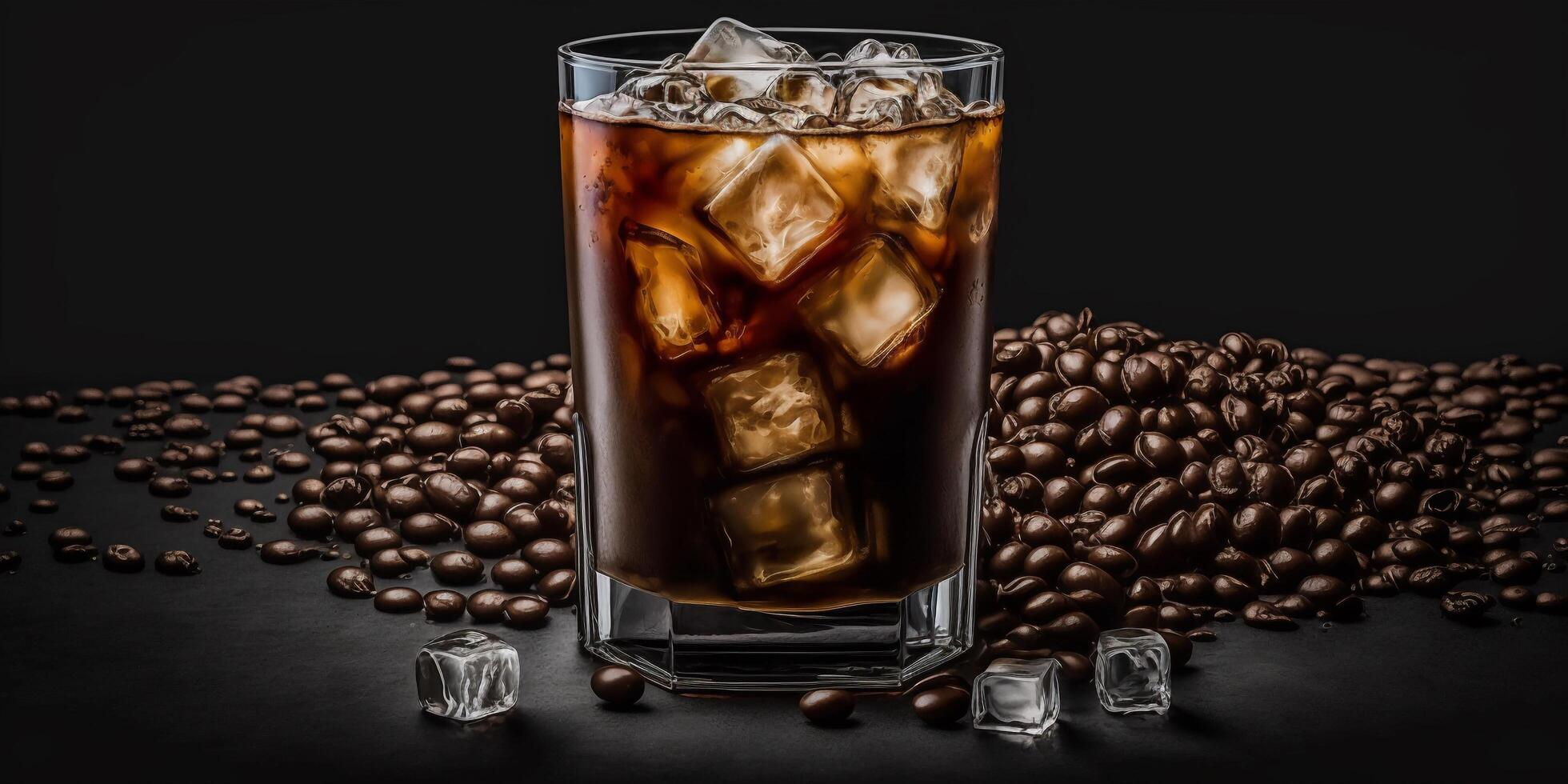 The glass of Ice Americano coffee in the black background with . photo