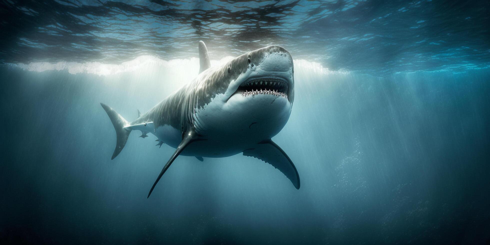 The shark is swimming in underwater with . photo